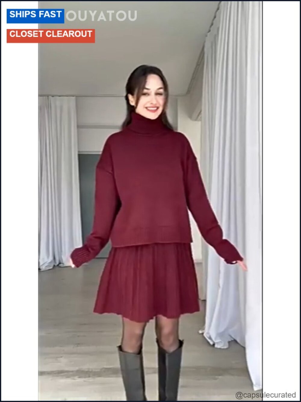 Women's 2 Piece Knit Set Turtleneck Pullover Mini Pleated Skirt Sweater Outfit - Picture 2 of 2